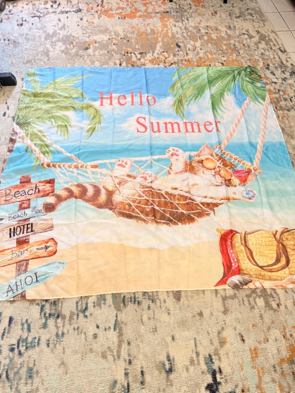 Fun Cat beach ocean tropical theme summer shower bath curtain palm trees home